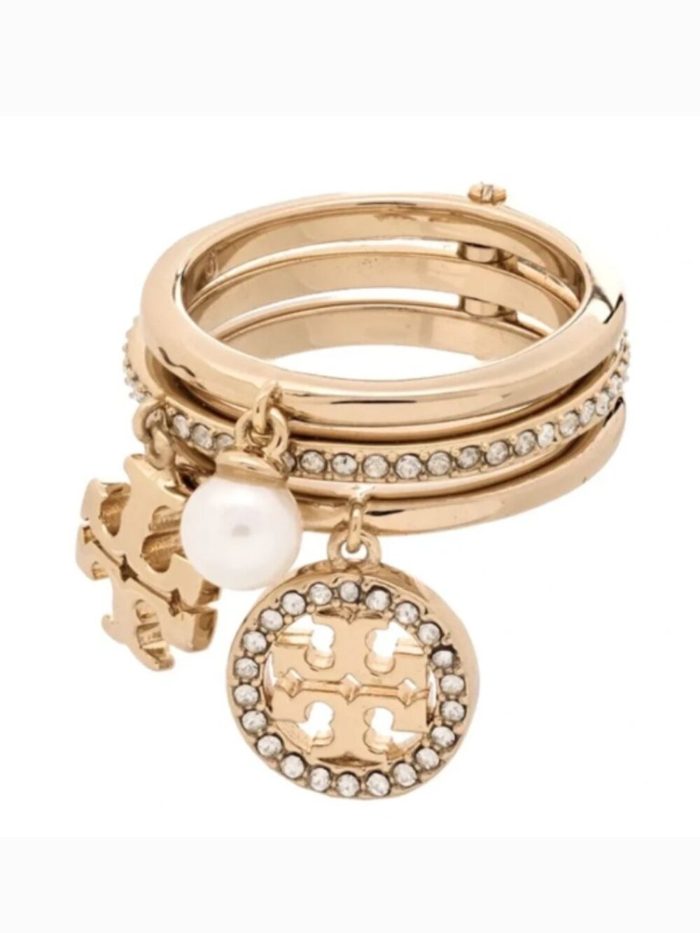 Tory Burch Miller Pave Charm Stack Ring Gold Size 7
